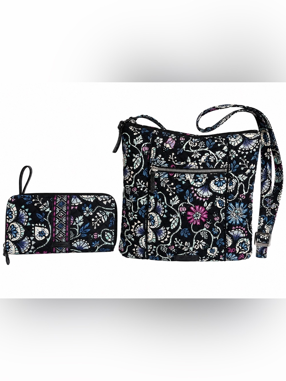 Vera Bradley Floral Quilted Crossbody Shoulder Bag & Wallet Set Black Travel - Picture 2 of 11